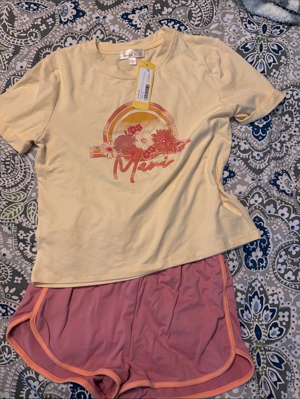 Girls Yellow 'Mami' Floral Tee & Pink Sleep Shorts Set